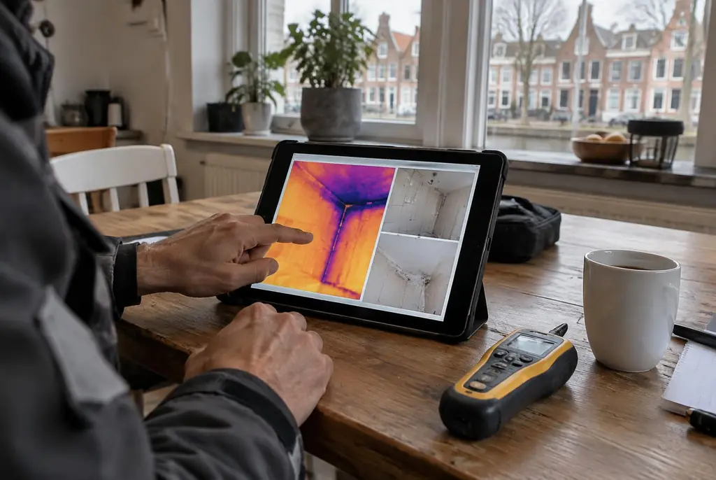 Lekdetectie Zeist – lekdetectierapport met warmtebeelden en foto's op een tablet