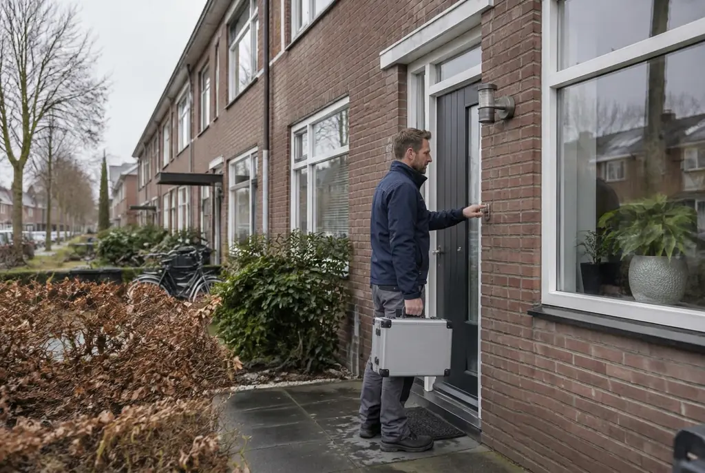 Lekdetectiespecialist met meetkoffer bij de voordeur van een woning in Zeist
